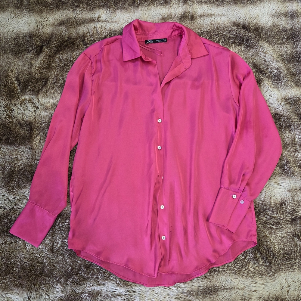 Zara Fuchsia Satin Blouse S – Silky Oversized Button Up Barbiecore Pink Chic